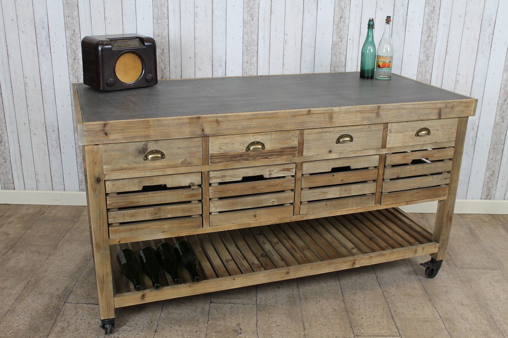 VINTAGE INDUSTRIAL STYLE ZINC TOP KITCHEN ISLAND MULTI DRAWER BAKERS