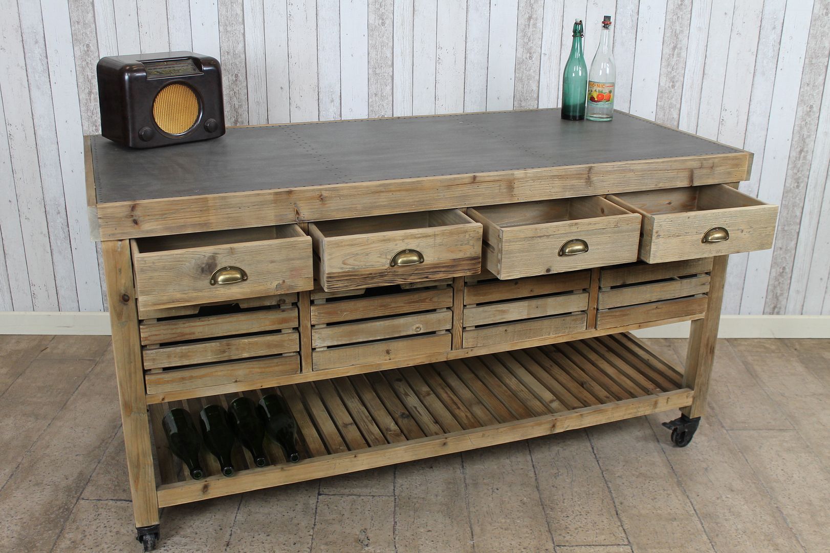 VINTAGE INDUSTRIAL STYLE ZINC TOP KITCHEN ISLAND MULTI DRAWER BAKERS
