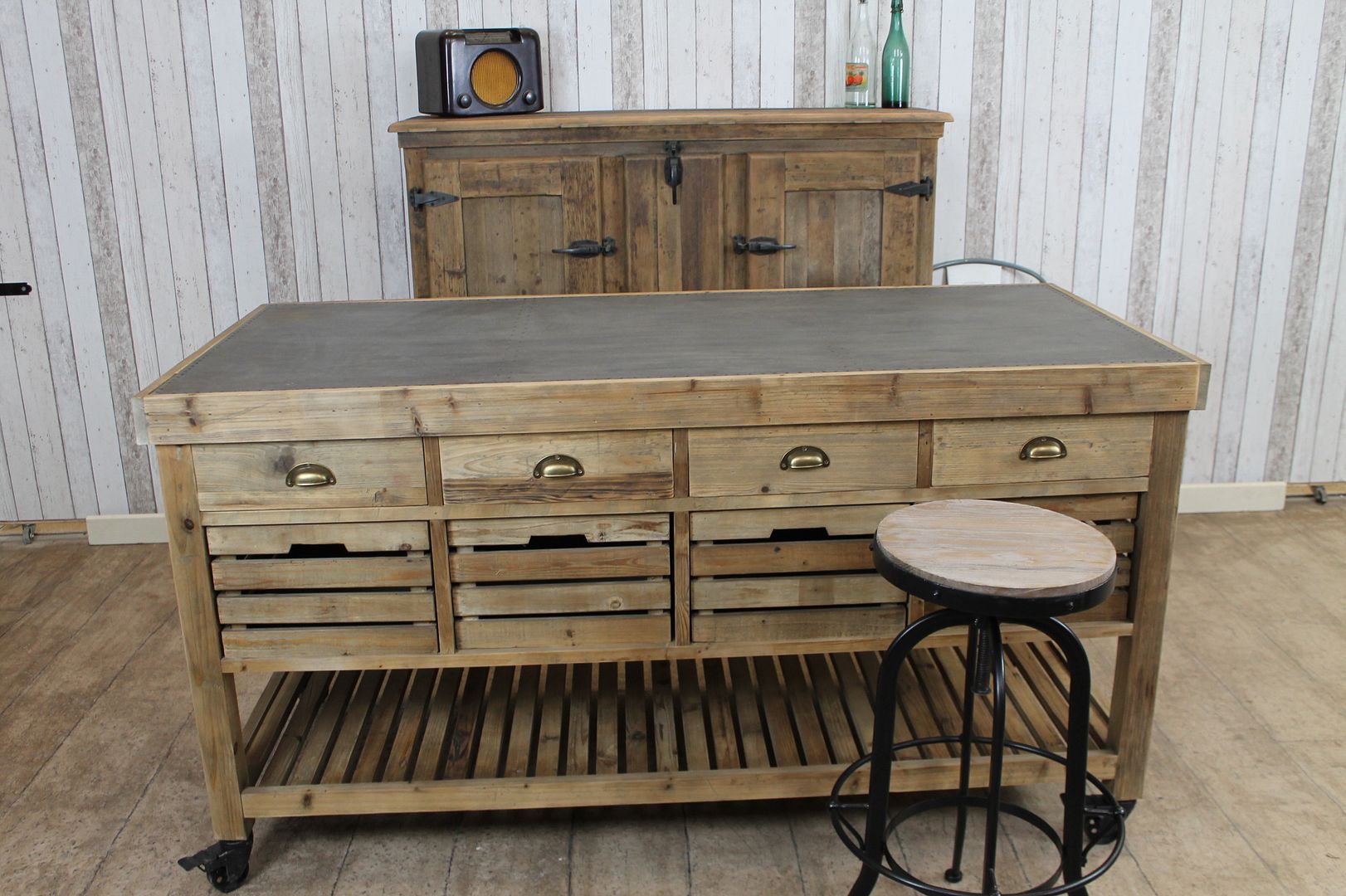 VINTAGE INDUSTRIAL STYLE ZINC TOP KITCHEN ISLAND MULTI DRAWER BAKERS