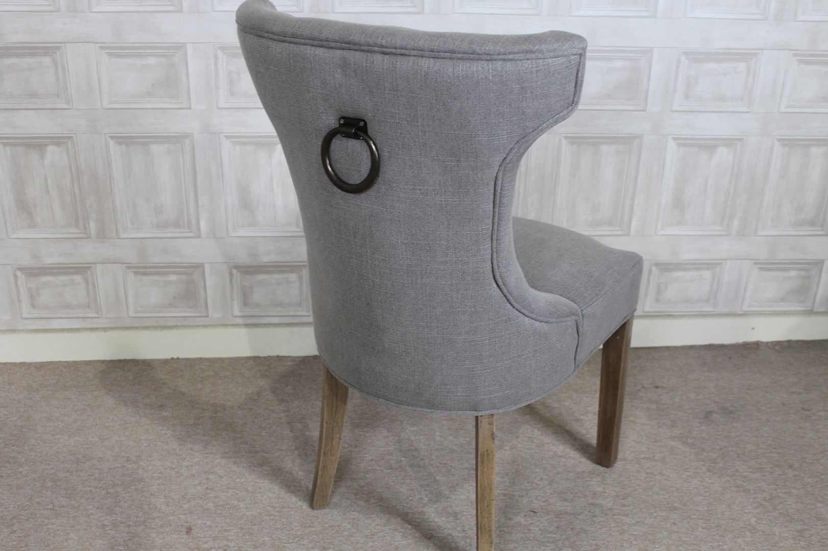 FRENCH STYLE UPHOLSTERED DINING CHAIR IN STONE WITH BUTTON BACK AND