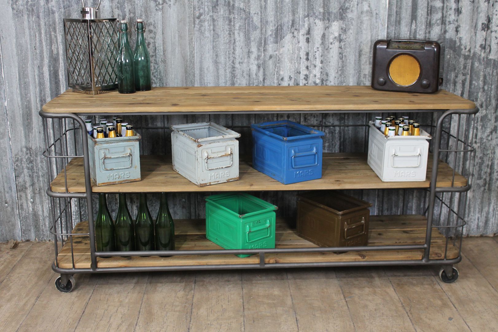 VINTAGE INDUSTRIAL STYLE WIRE BACK CONSOLE TABLE SIDEBOARD ON WHEELS eBay