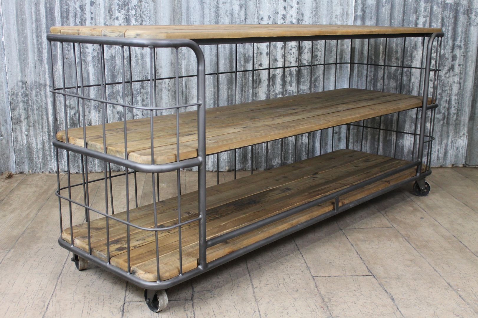 VINTAGE INDUSTRIAL STYLE WIRE BACK CONSOLE TABLE SIDEBOARD ON WHEELS eBay