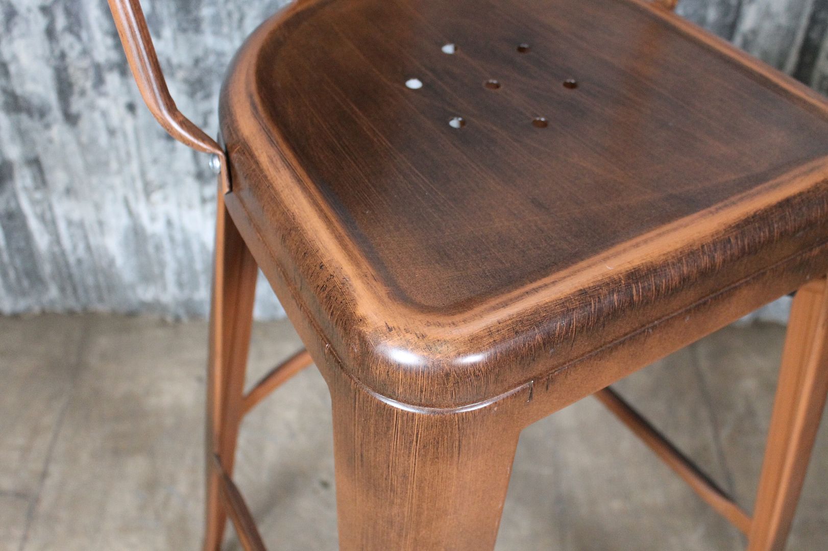 TOLIX STYLE TALL STOOL WITH BACK IN A VINTAGE COPPER FINISH METAL BAR