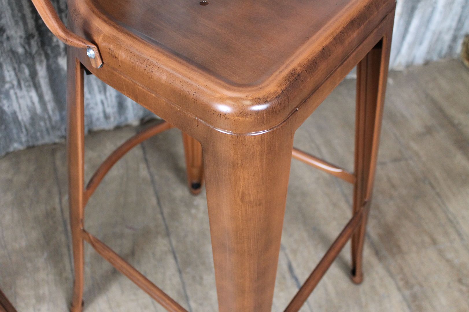TOLIX STYLE TALL STOOL WITH BACK IN A VINTAGE COPPER FINISH METAL BAR
