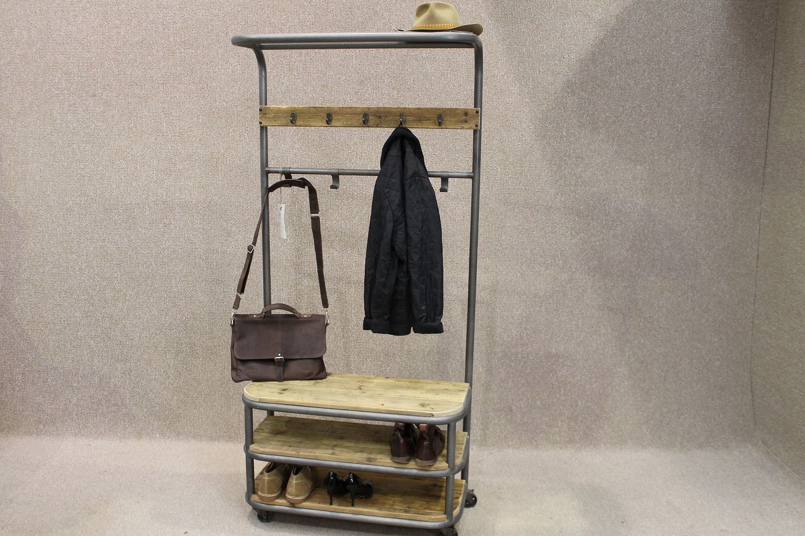 RECLAIMED PINE AND METAL HALL COAT AND SHOE STAND eBay