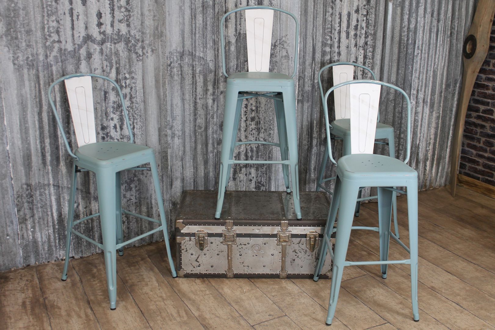 VINTAGE TOLIX STYLE BAR STOOLS IN LIGHT BLUE WITH BACK REST HAND