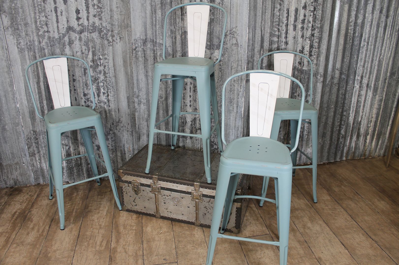 VINTAGE TOLIX STYLE BAR STOOLS IN LIGHT BLUE WITH BACK REST HAND