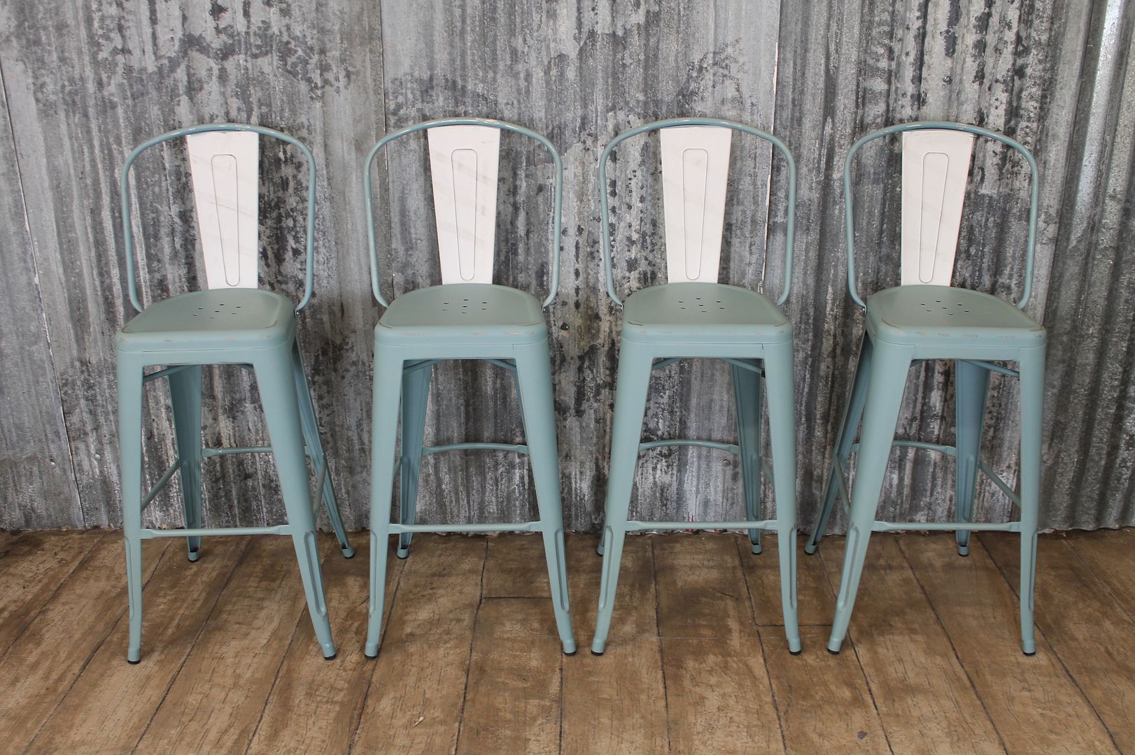 VINTAGE TOLIX STYLE BAR STOOLS IN LIGHT BLUE WITH BACK REST HAND