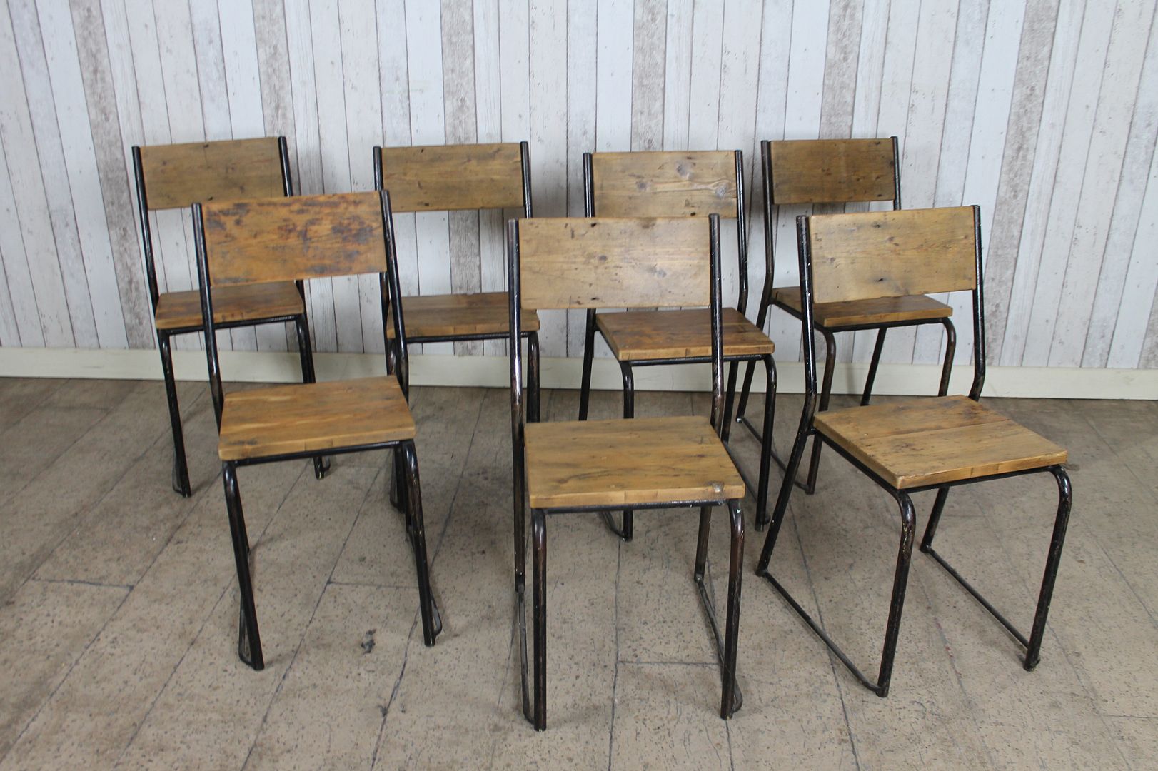 VINTAGE INDUSTRIAL STACKING CHAIRS SCHOOL CHAIRS WITH TIMBER SEATS AND