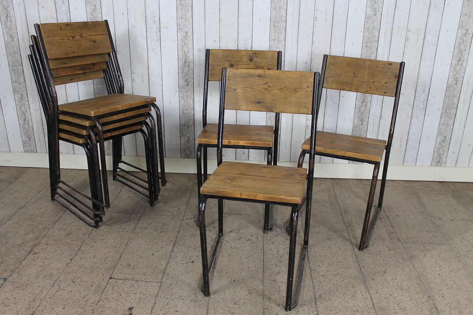 VINTAGE INDUSTRIAL STACKING CHAIRS SCHOOL CHAIRS WITH TIMBER SEATS AND