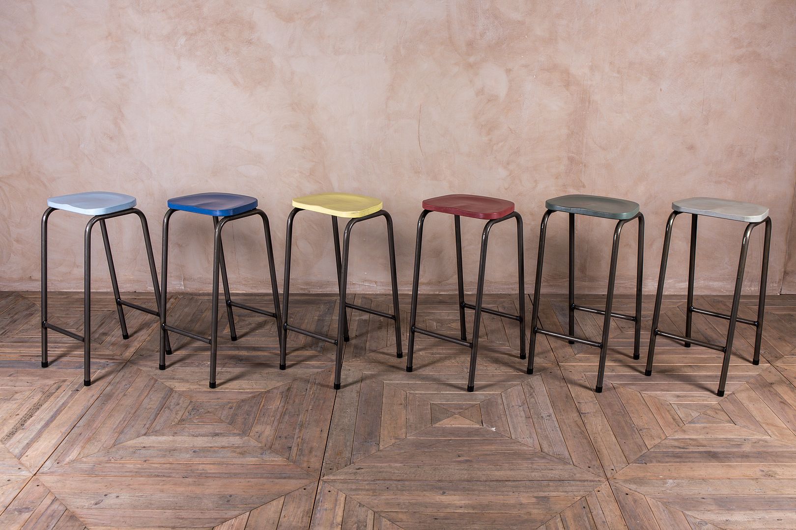 VINTAGE STYLE LAB STOOL STACKING INDUSTRIAL LOOK BAR STOOLS WITH SOLID OAK SEAT