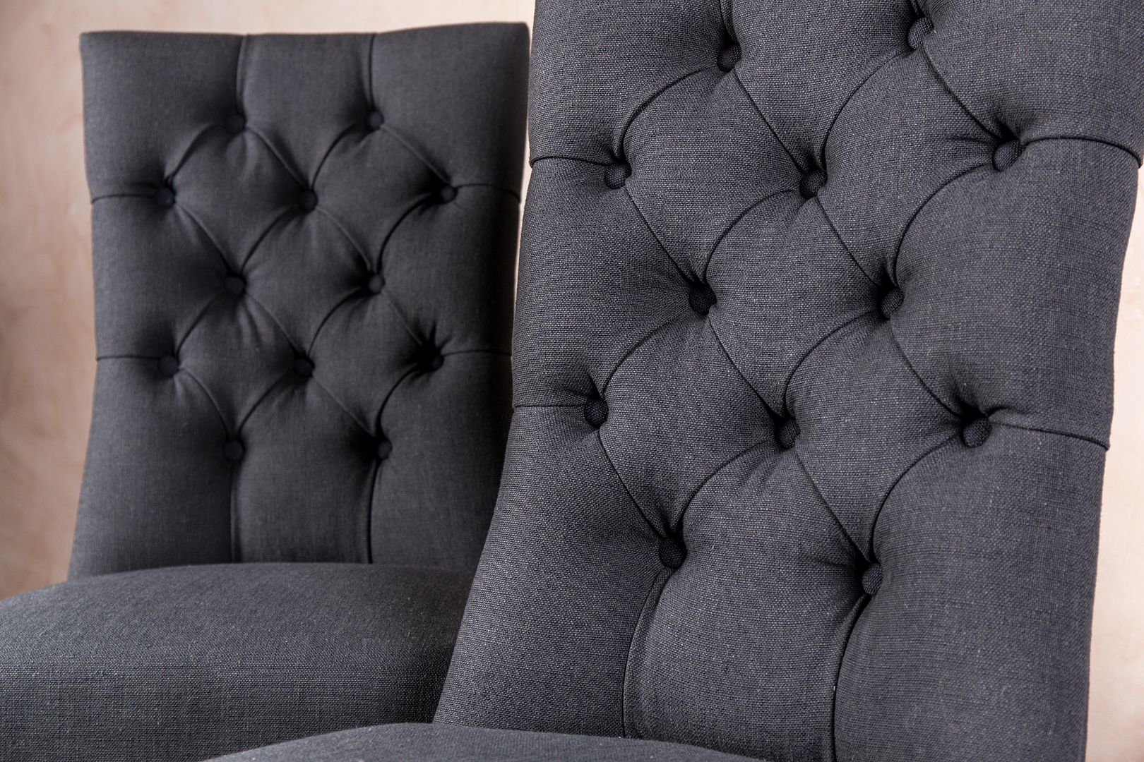 FRENCH STYLE UPHOLSTERED DINING CHAIR IN PEWTER GREY WITH BUTTON BACK