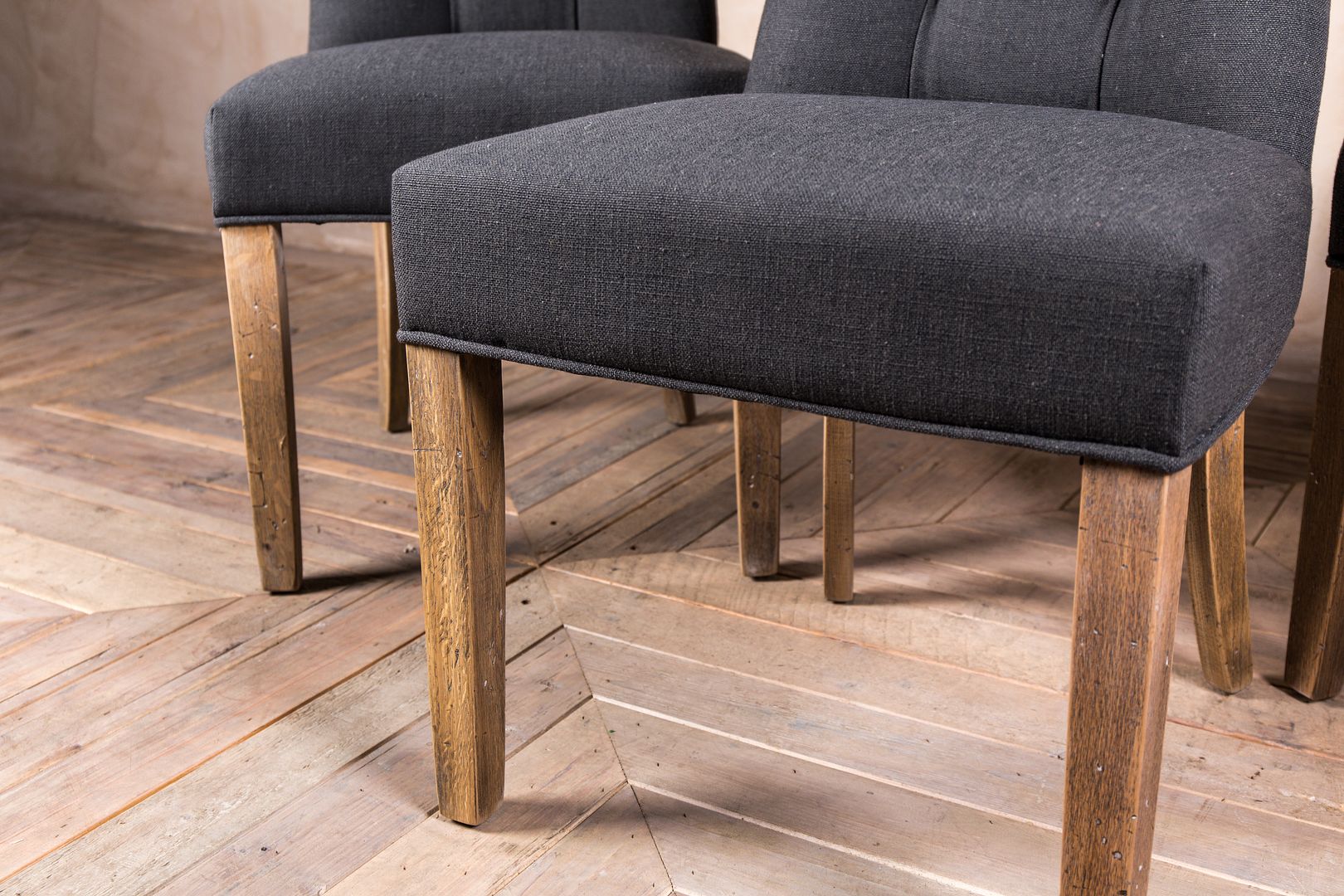 FRENCH STYLE UPHOLSTERED DINING CHAIR IN PEWTER GREY WITH BUTTON BACK