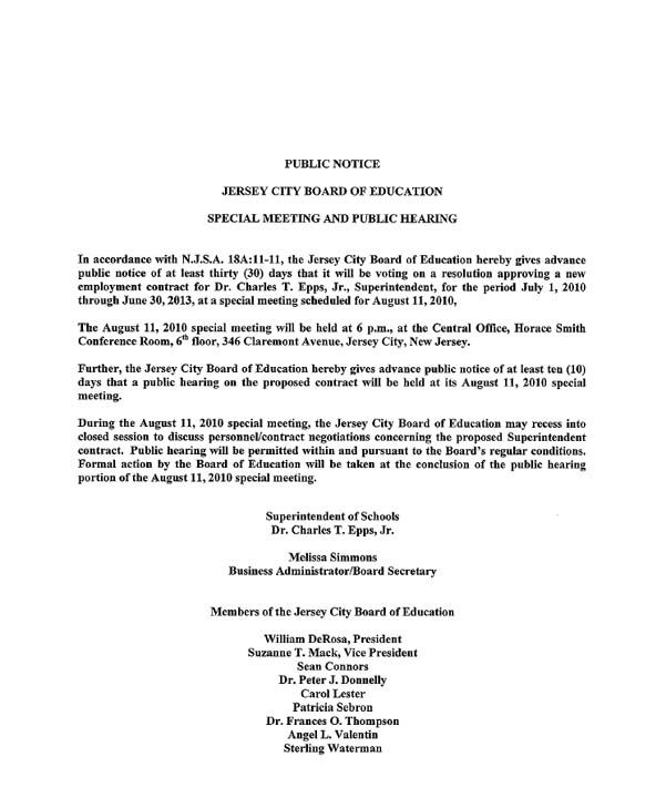 Jersey City Board of Education Special Meeting an&amp; Public Notice