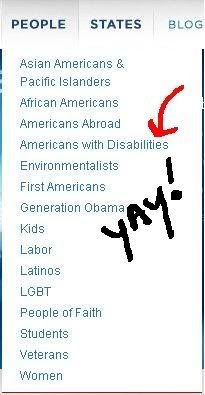 Printscreen of BarackObama.com People List Showing Americans With Disabilities Added May 9, 2008