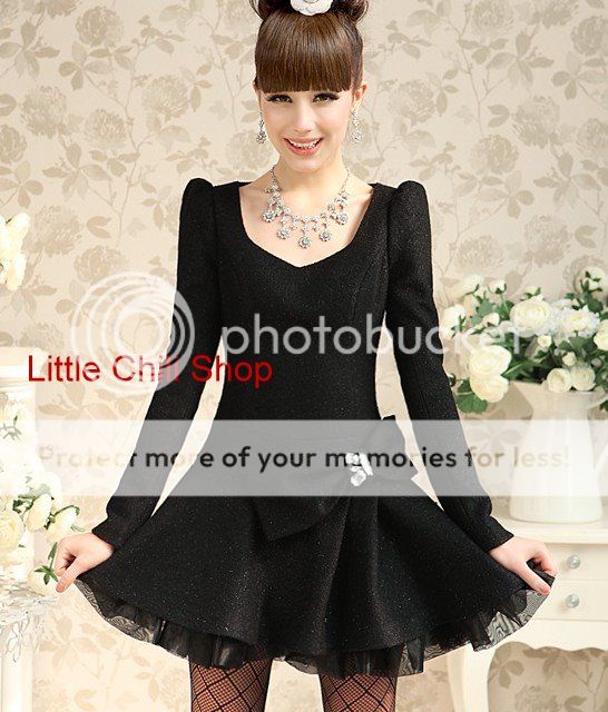 Office Lady DOLLY SWEET Princess Women BOW Long Sleeve Black DRESS S 