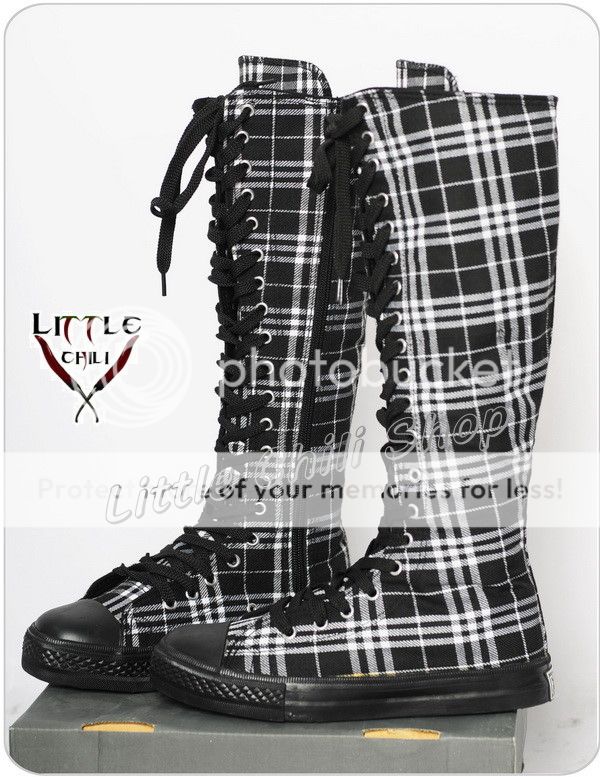 Canvas KAWAII KNEE HI Sneaker boot PLAID Tartan Wht 35  