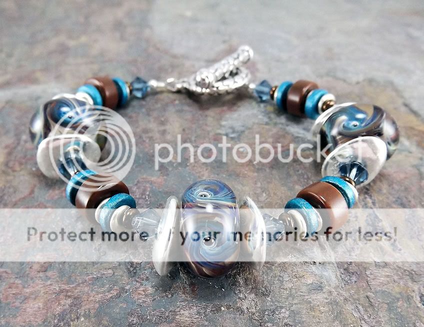 Sierra, boro lampwork and vintage beaded bracelet, blue, brown, silver 