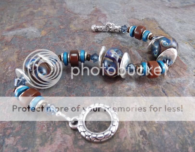 Sierra, boro lampwork and vintage beaded bracelet, blue, brown, silver 