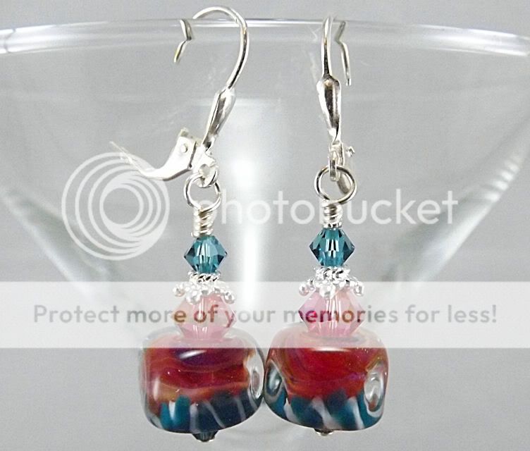 Parrot Bay, Boro Lampwork, Sterling & Crystal Earrings, Coral & Teal 